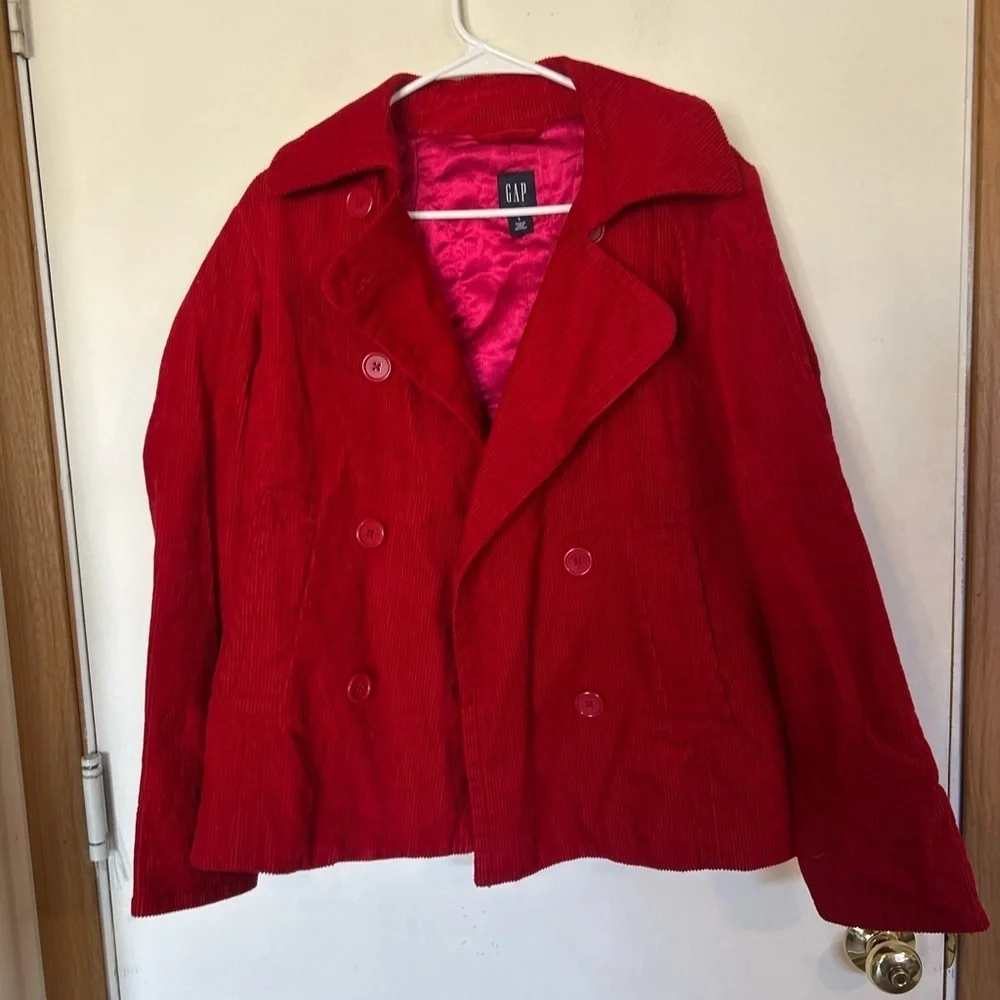 Y2K GAP Womens Large Red Corduroy Button Front Satin Lined Pea Coat